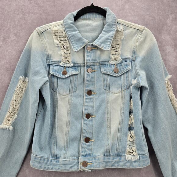 Blue Wash Raw Jeans Denim Distress Button Jacket Small - Picture 4 of 8